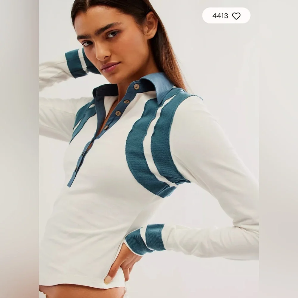 Free People White and Teal Long Sleeve Top - Picture 2 of 10